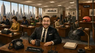 Low-Poly-Illustration: Christian Dietz lachend am Schreibtisch in einem Büro im Stil der 60er-Jahre, an der Wand das NEUBLCK-Schild