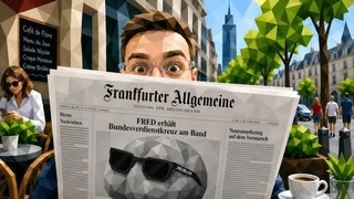 Low-Poly-Illustration: Christian Dietz schaut über eine Zeitung mit der Schlagzeile „FRED erhält Bundesverdienstkreuz am Band“