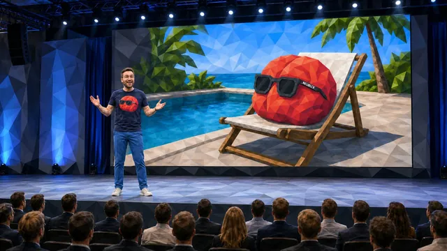 Christian Dietz auf der Bühne, hinter ihm auf der Leinwand FRED im Liegestuhl am Pool