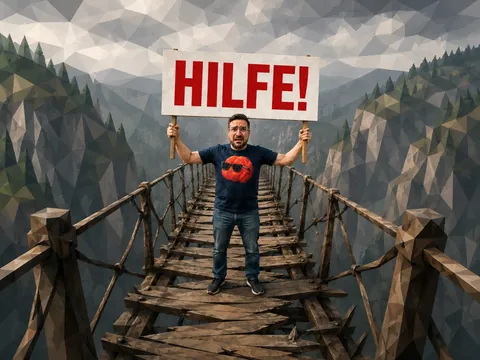 Low-Poly-Illustration: Christian Dietz auf einer morschen Hängebrücke mit Schild „Hilfe!“