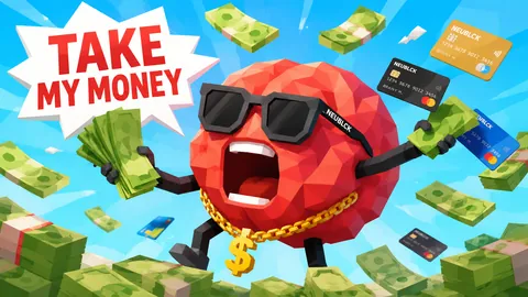 Low-Poly-Illustration: FRED mit Sonnenbrille jubelt zwischen Geldscheinen und Kreditkarten, Sprechblase „Take my money“
