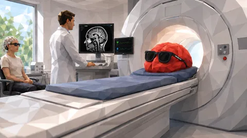 Low-Poly-Illustration: FRED liegt im MRT, daneben ein Arzt am Monitor und eine Testperson mit EEG-Haube