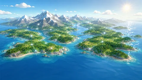 Low-Poly-Illustration: Luftbild grüner Inseln im blauen Meer, durch leuchtende Linien wie ein Netzwerk verbunden