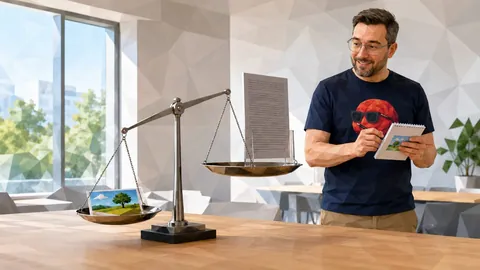 Low-Poly-Illustration: Christian Dietz neben einer Waage, auf der ein Bild schwerer wiegt als ein Textblatt