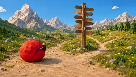 Low-Poly-Illustration: FRED vor einem Wegweiser mit vielen Richtungen in den Bergen