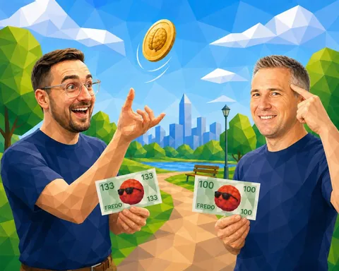 Low-Poly-Illustration: Münzwurf-Wette mit FREDO-Scheinen, 133 gegen 100