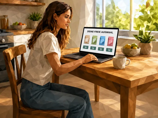 Low-Poly-Illustration: Eine Frau kauft am Küchentisch in einem Onlineshop ein