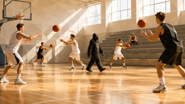 Low-Poly-Illustration: Ein Gorilla läuft unbemerkt durch ein Basketballtraining