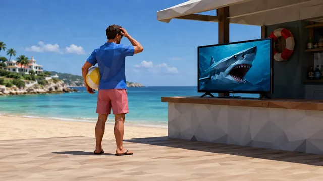 Low-Poly-Illustration: Ein Mann am Strand sieht im Fernseher einen Hai und traut sich nicht ins Wasser