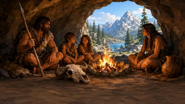 Low-Poly-Illustration: Eine Steinzeitfamilie sitzt in einer Höhle am Lagerfeuer und erzählt Geschichten