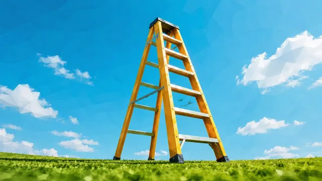 Low-Poly-Illustration: Eine gelbe Stehleiter auf einer Wiese vor blauem Himmel