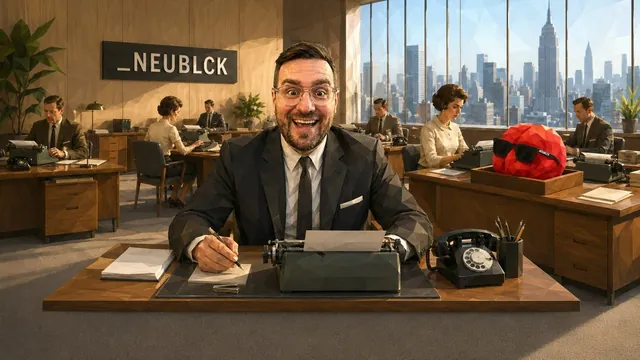 Low-Poly-Illustration: Christian Dietz im Büro im Stil der 60er-Jahre, an der Wand das NEUBLCK-Schild, auf dem Nachbartisch FRED