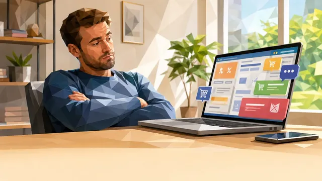 Low-Poly-Illustration: Ein skeptischer Mann sitzt mit verschränkten Armen vor einem Laptop voller Pop-ups