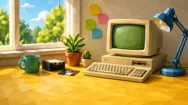 Low-Poly-Illustration: Ein alter Computer mit Disketten auf einem Schreibtisch