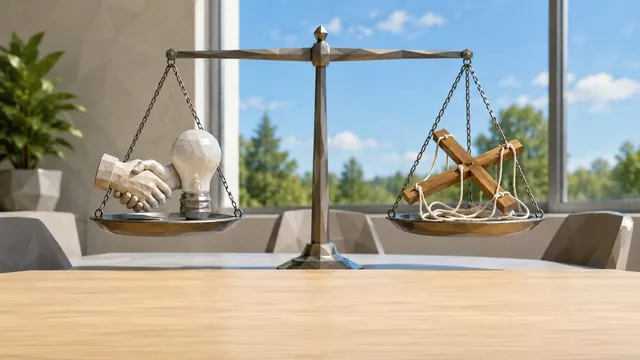Low-Poly-Illustration: Eine Waage wiegt Handschlag und Glühbirne gegen ein Marionettenkreuz