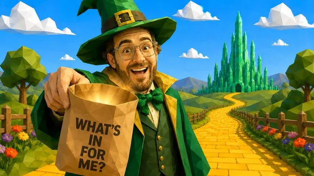Low-Poly-Illustration: Ein Zauberer hält eine Tüte mit der Aufschrift „What’s in for me?“