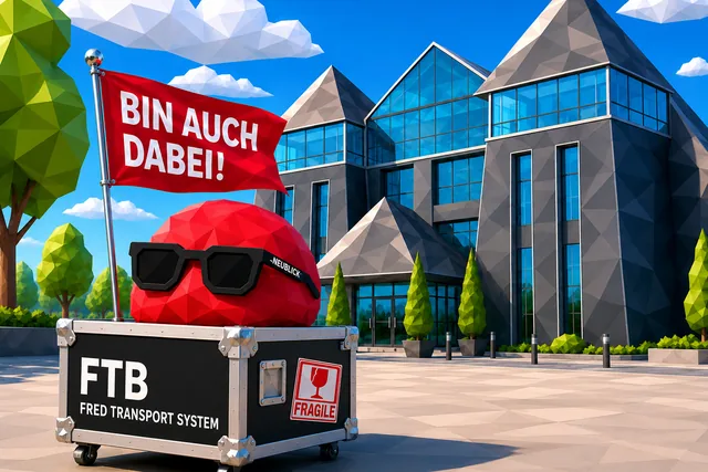 FRED, das rote Gehirn mit NEUBLCK-Brille, sitzt in einer Transportkiste mit der Aufschrift „FTB – Fred Transport System“ vor einem Kongressgebäude, darüber eine rote Fahne mit „Bin auch dabei!“